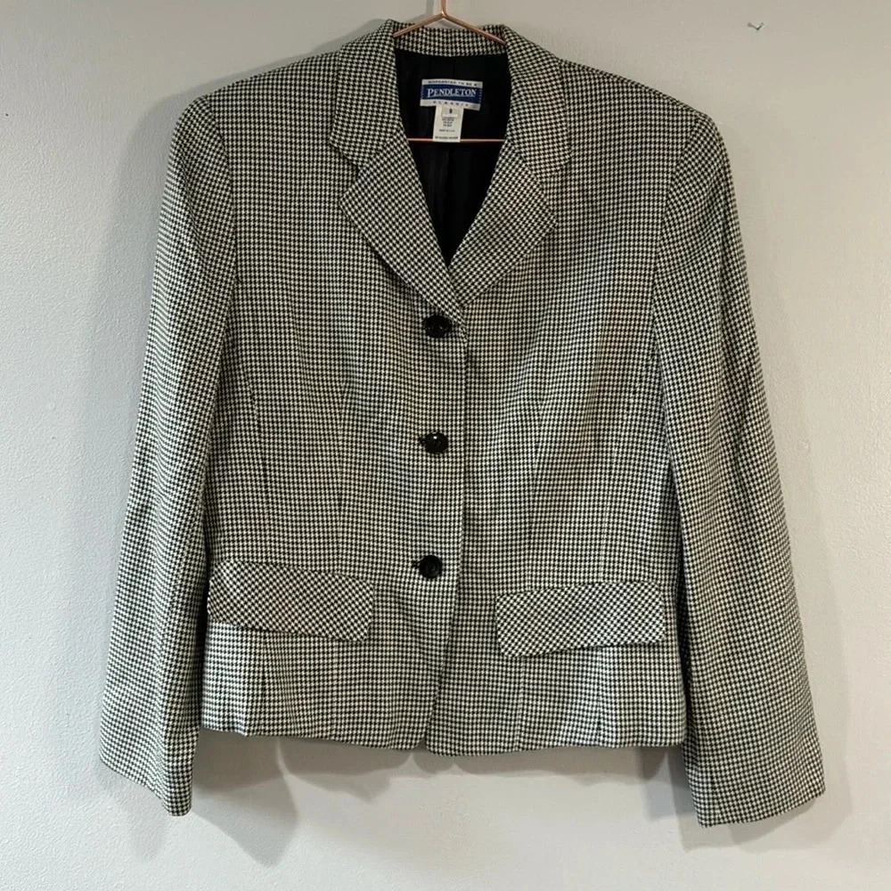 Vintage Pendleton Blazer Womens Black & White Houndstooth Sz 8 Women's M